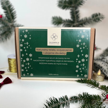 Zestaw prezentowy zawiera: Witaminowe serum na noc, Nagietkowy hydrofilowy olejek do demakijażu, Różowa kostka do mycia twarzy