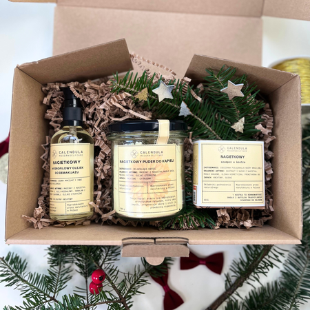 Zestaw prezentowy Nagietkowy - Szampon Nagietkowy, Puder do kąpieli Nagietkowy, olejek do demakijażu Nagietkowy