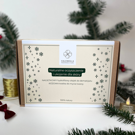 Zestaw prezentowy zawiera Nagietkowy hydrofilowy olejek do demakijażu i Różową kostkę do mycia twarzy