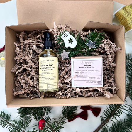 Zestaw prezentowy zawiera Nagietkowy hydrofilowy olejek do demakijażu i Różową kostkę do mycia twarzy